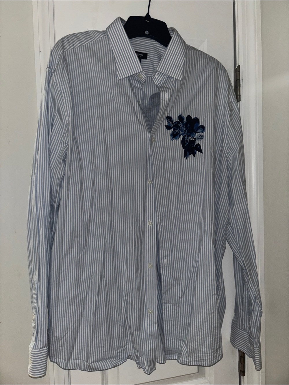 Express Light Blue Striped Dress Shirt with Navy Floral Patch